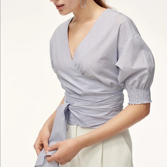 Babaton Tops - Babaton Aritzia Thenardier Wrap Top Blue and White Stripe